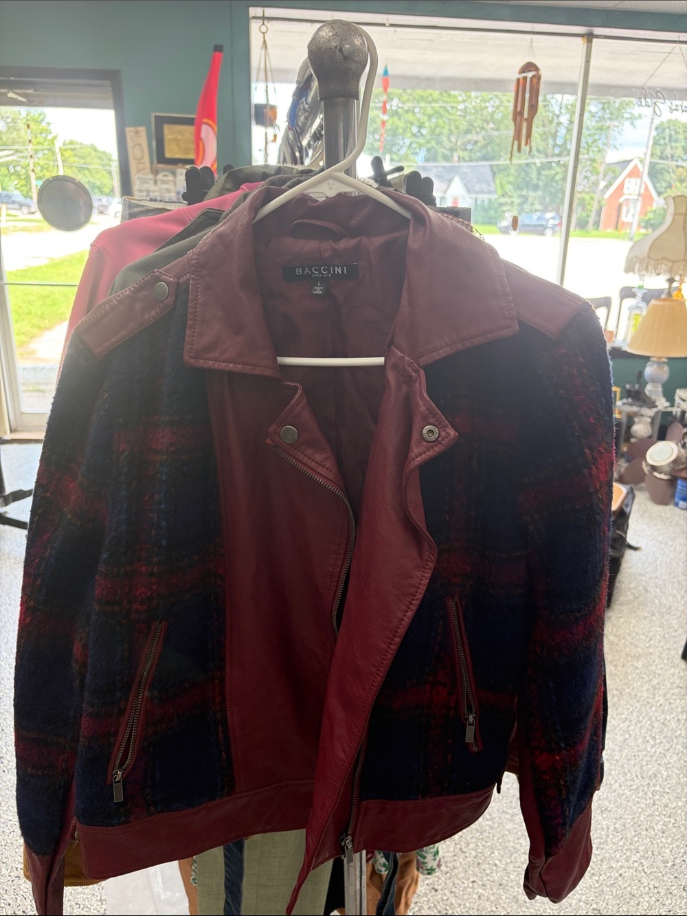 Baccini Burgundy Leather and Navy Plaid Bomber Jacket